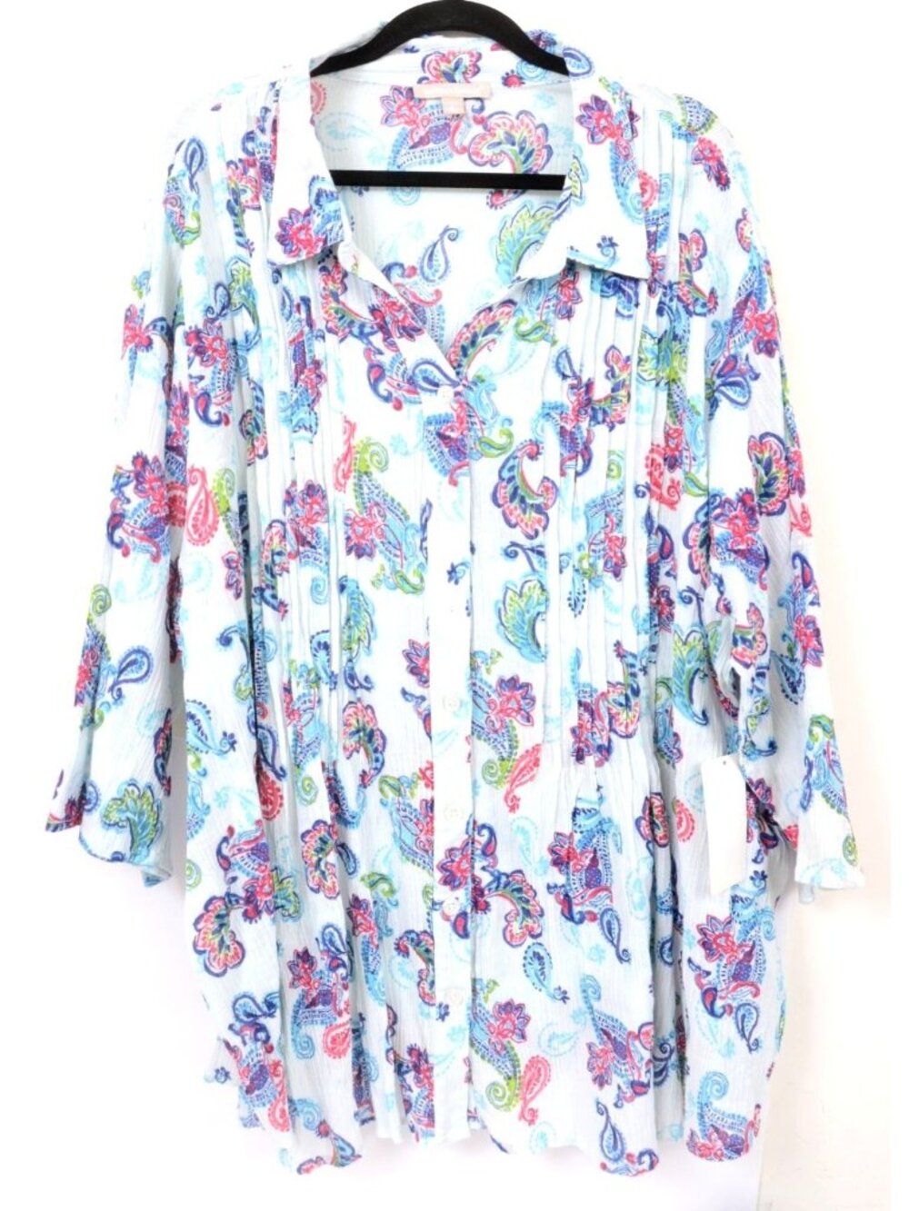 Woman Within PLUS 3X (30/32) Colorful Paisley Cotton 3/4 Sleeve Floral Blouse